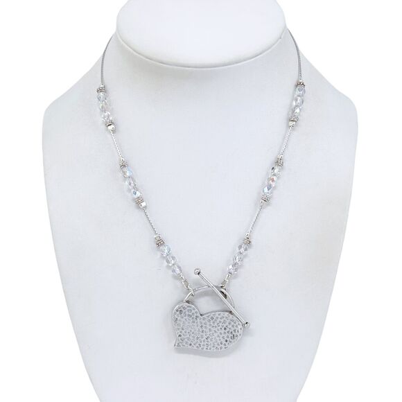 Estate Sterling Silver 925 Crystal Beaded Heart Pendant Toggle Necklace 16